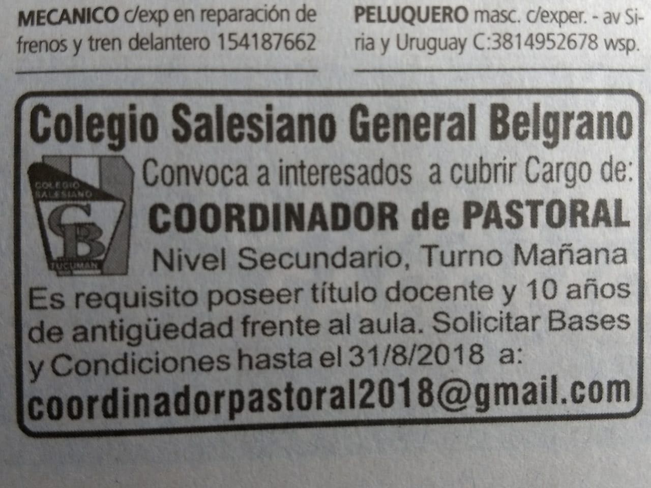 Convocatoria para cubrir cargo de Coordinador de Pastoral